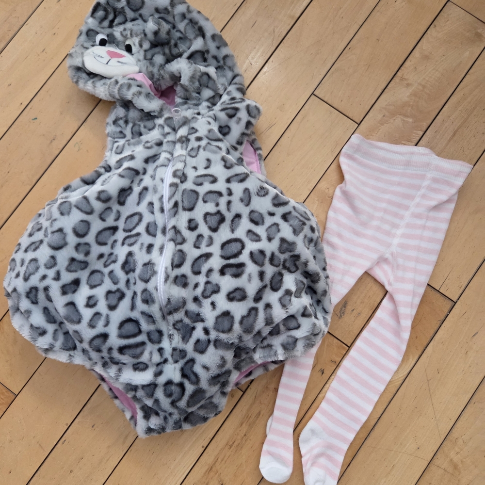 Snow Leopard Hooded Halloween Costume with Pink Striped Tights